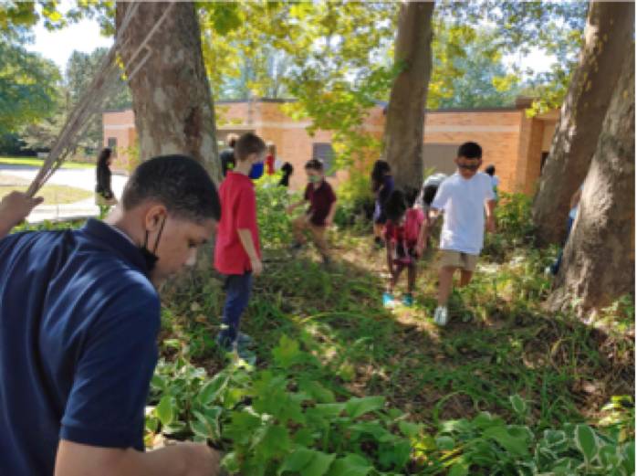 students planting natives at Shawmut Hills sycamore circle mural site springtime